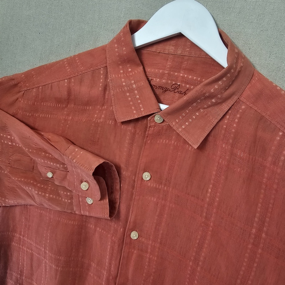 TOMMY BAHAMA Corsica Stitched Plaid Men's XL‎ Orange Button Up 100% Linen T31947